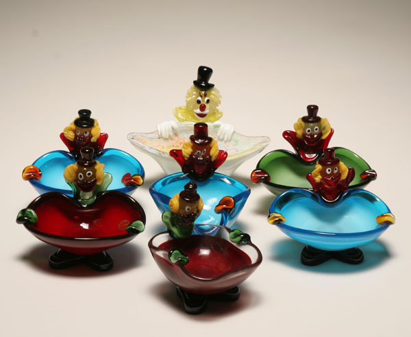 Appraisal: Seven Murano art glass figural clown ashtrays Three with paper