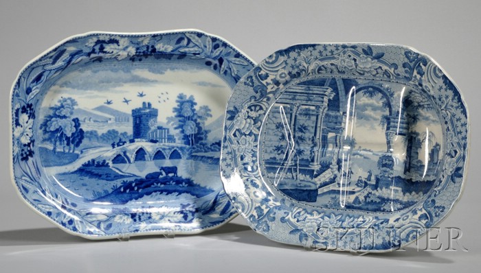 Appraisal: Two English Blue and White Transfer-decorated Staffordshire Platters a Bridge