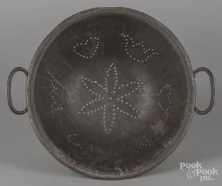 Appraisal: Tin colander th c with heart and tulip decoration ''