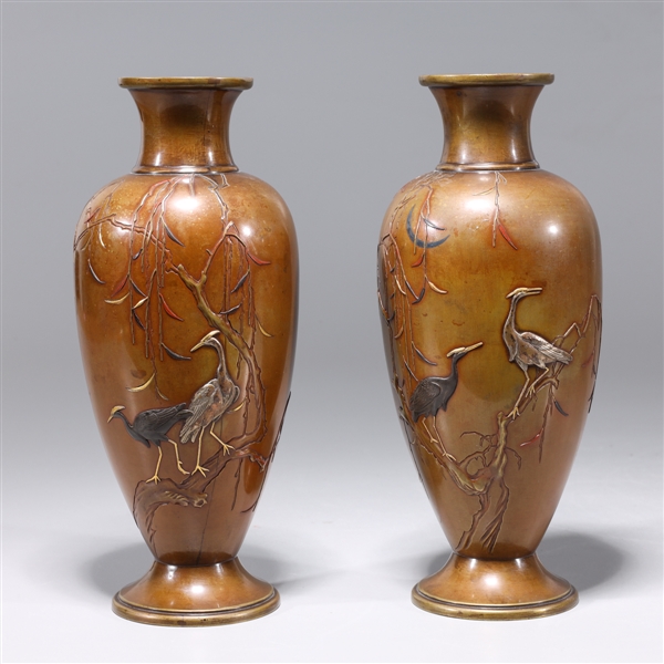 Appraisal: Pair of antique metal vases with birds trees and gilt