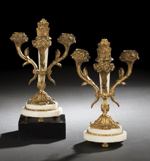 Appraisal: Pair of French Gilt-Bronze and Marble Three-Light Quiver Candelabra first