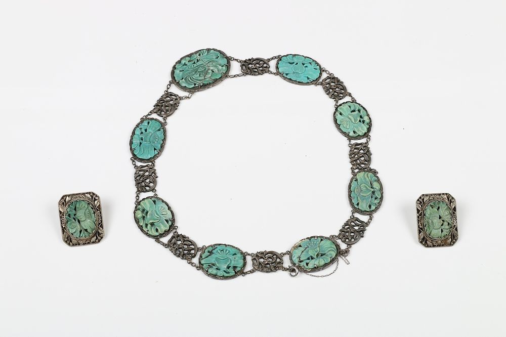 Appraisal: TURQUOISE FILIGREE NECKLACE EARRING SET QING The set comprised of