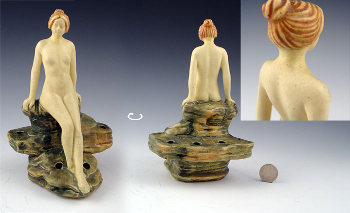 Appraisal: WELLER POTTERY MUSKOTA FIGURAL NUDE FLOWER FROG Featuring nude leaning