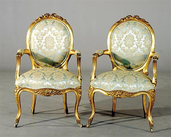 Appraisal: Pair Louis XV carved giltwood fauteuils late th early th