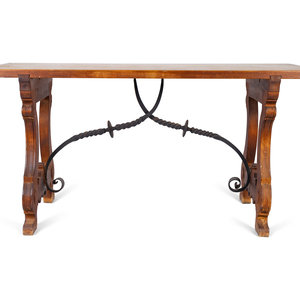 Appraisal: A Spanish Colonial Style Walnut Trestle Table with Wrought Iron