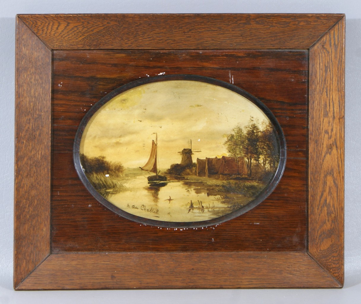 Appraisal: HP oval porcelain plaque x Fishing Boat in Canal with