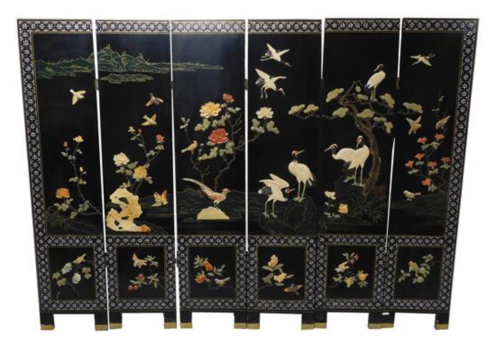 Appraisal: ASIAN Chinese Black Lacquered and Hardstone six panel screen landscape