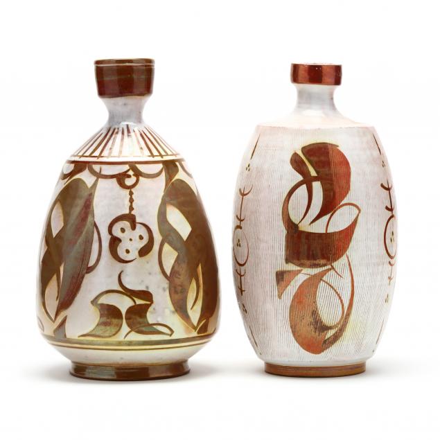 Appraisal: ALAN CAIGER-SMITH BRITISH - TWO BOTTLE VASES Each with pinkish-rust