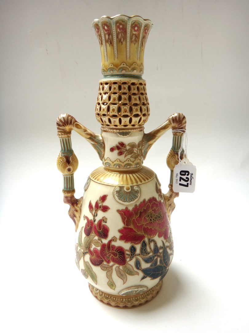 Appraisal: A Zsolnay Pecs two handled vase early th century with