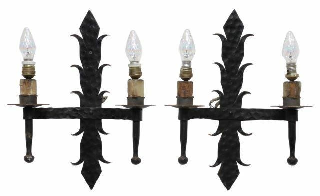 Appraisal: lot of Gothic style metal two-light wall sconces foliate-form back