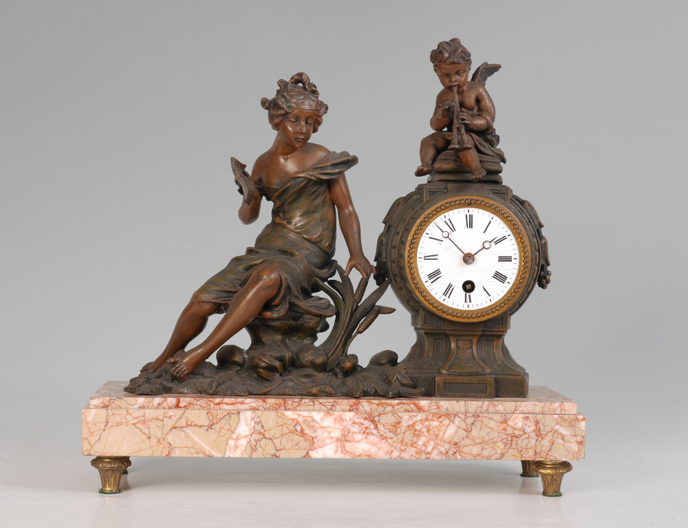 Appraisal: FRENCH FIGURAL MANTLE CLOCK Patinated metal figural group case with