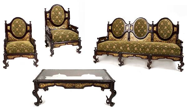 Appraisal: A four piece Boulle inlaid salon suite comprising of sette