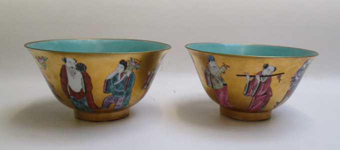 Appraisal: PAIR CHINESE HAND ENAMELED FOOTED BOWLS the exteriors having eight