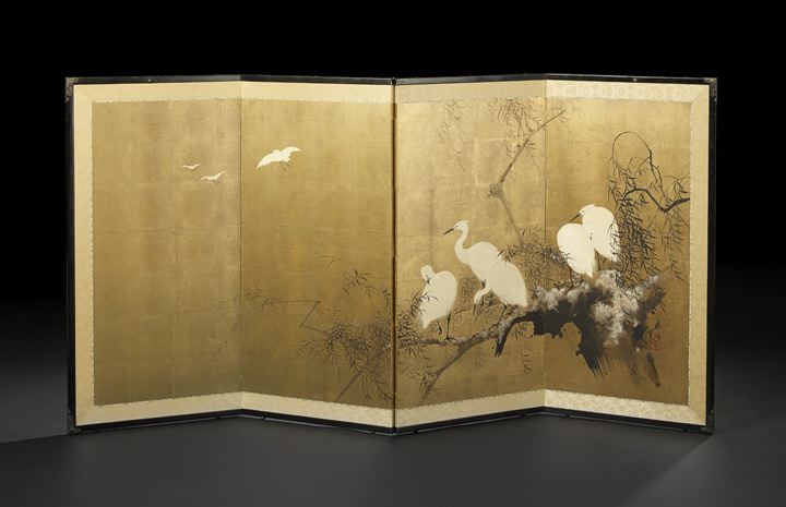 Appraisal: Japanese Four-Panel Folding Wall Screen first half th century painted