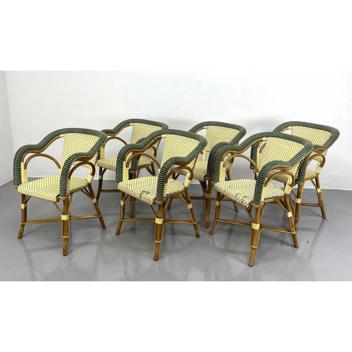 Appraisal: Set French Cafe style Dining Arm Chairs Bamboo and Rattan