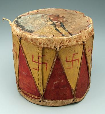 Appraisal: Wood and deer hide drum bentwood body with painted decoration