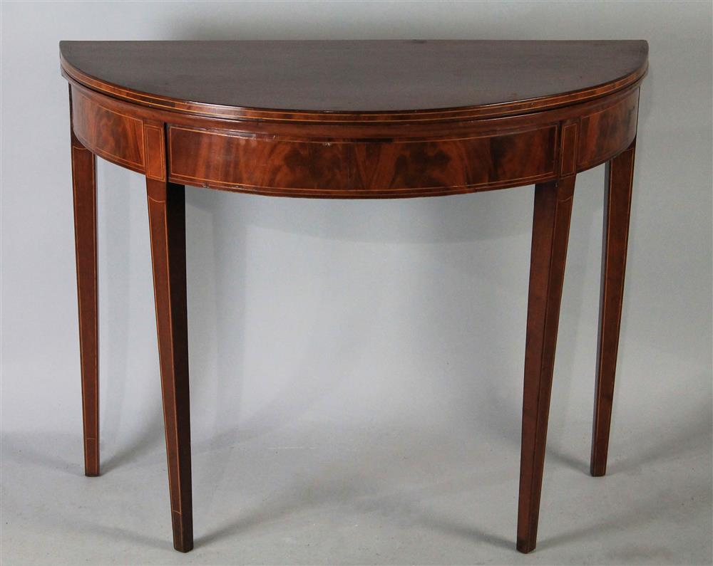 Appraisal: MARYLAND FEDERAL INLAID MAHOGANY DEMILUNE CARD TABLE having a hinged