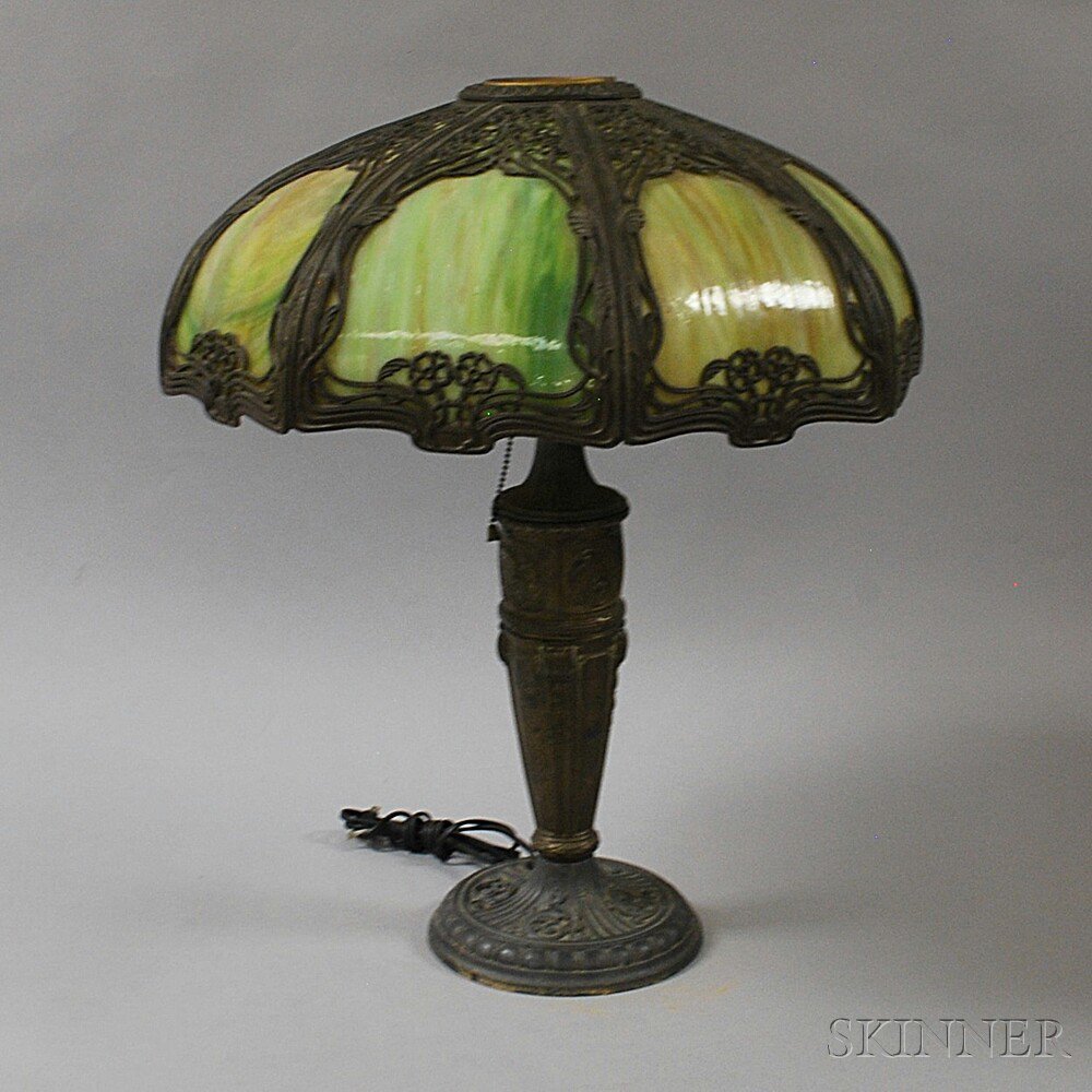 Appraisal: Slag Glass and Metal Overlay Table Lamp United States early