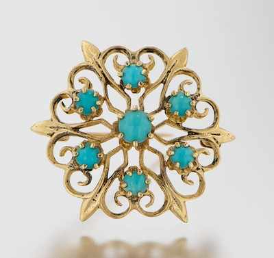 Appraisal: A Gold and Turquoise Brooch k yellow gold brooch set