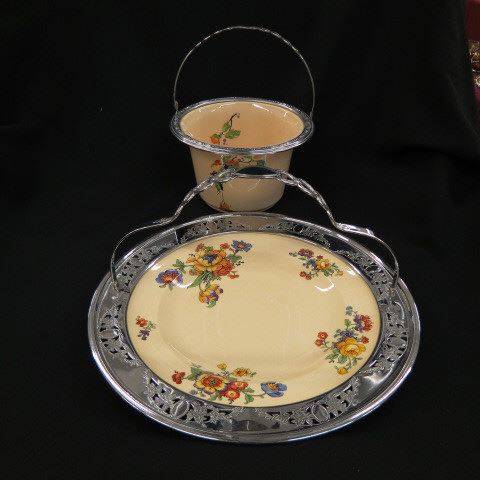 Appraisal: Farberware Serving Itemswith Umbertone pottery inserts by Leigh deco style