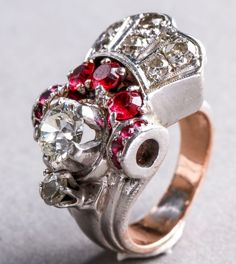 Appraisal: Art Deco K White Gold Diamonds Rubies Ring Retro Deco