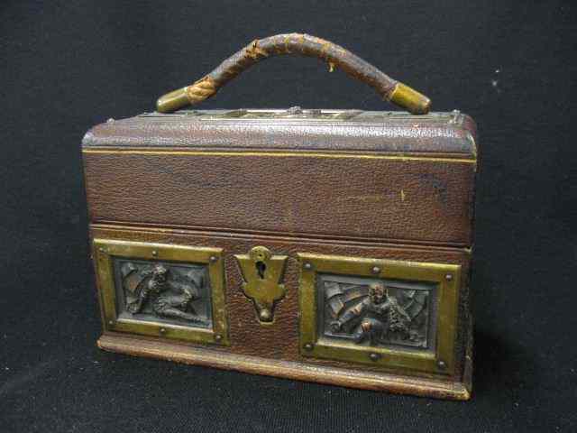 Appraisal: French Victorian Bronze Leather Box five inset bronze panels with