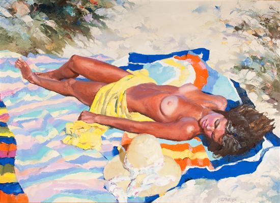 Appraisal: Howard Behrens American b Reclining Girl on Beach oil on