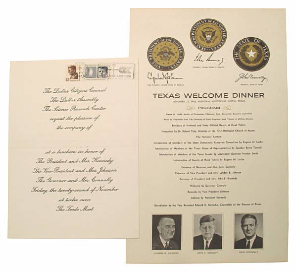 Appraisal: KENNEDY ASSASSINATION items Printed invitation inches Dallas November being an