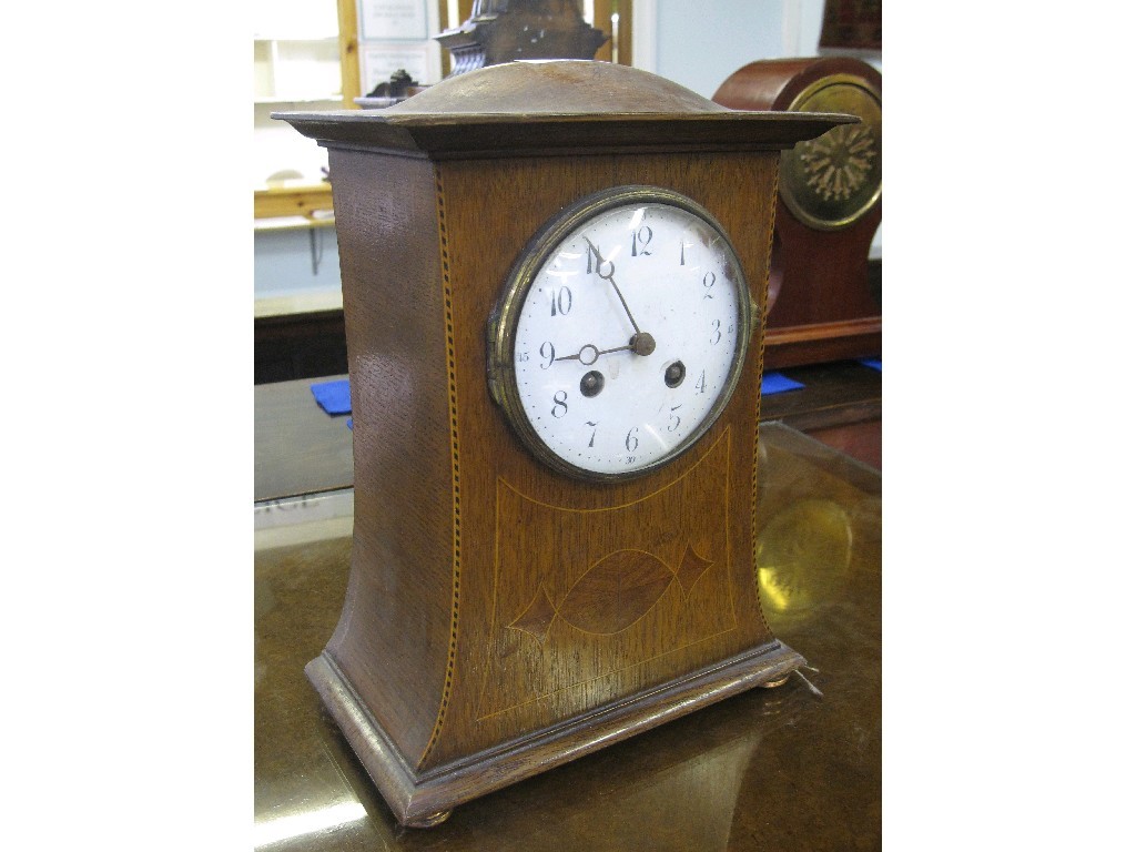 Appraisal: Arts and Crafts oak and inlaid mantle clock