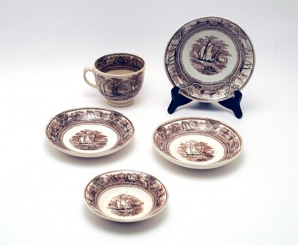 Appraisal: Four pieces brown transfer dishes in the American Marine pattern