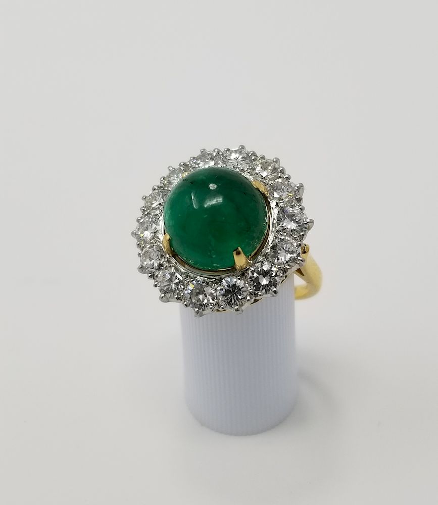 Appraisal: K Gold Cabochon Emerald Diamond Ring K Gold and Platinum