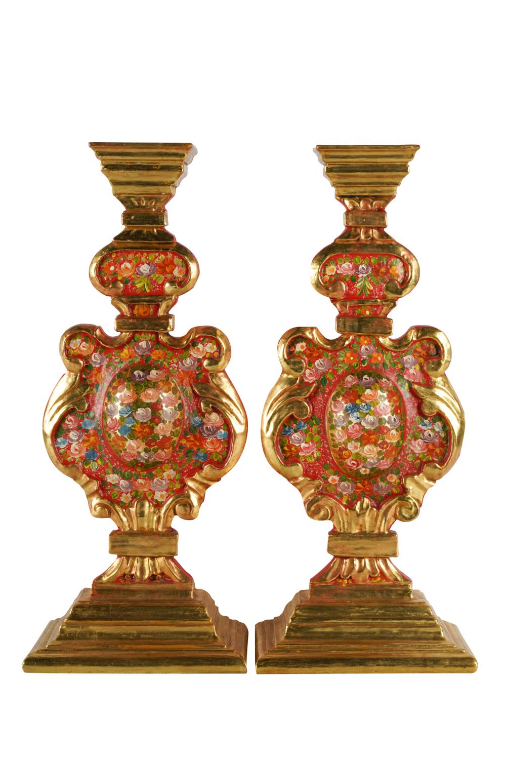 Appraisal: PAIR OF GILT CARVED POLYCHROME WOOD CANDLE STANDS th century