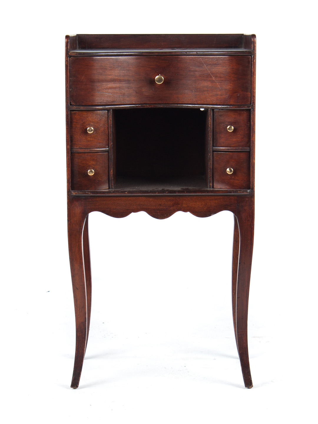 Appraisal: French style mahogany bedside table four short one medium drawer