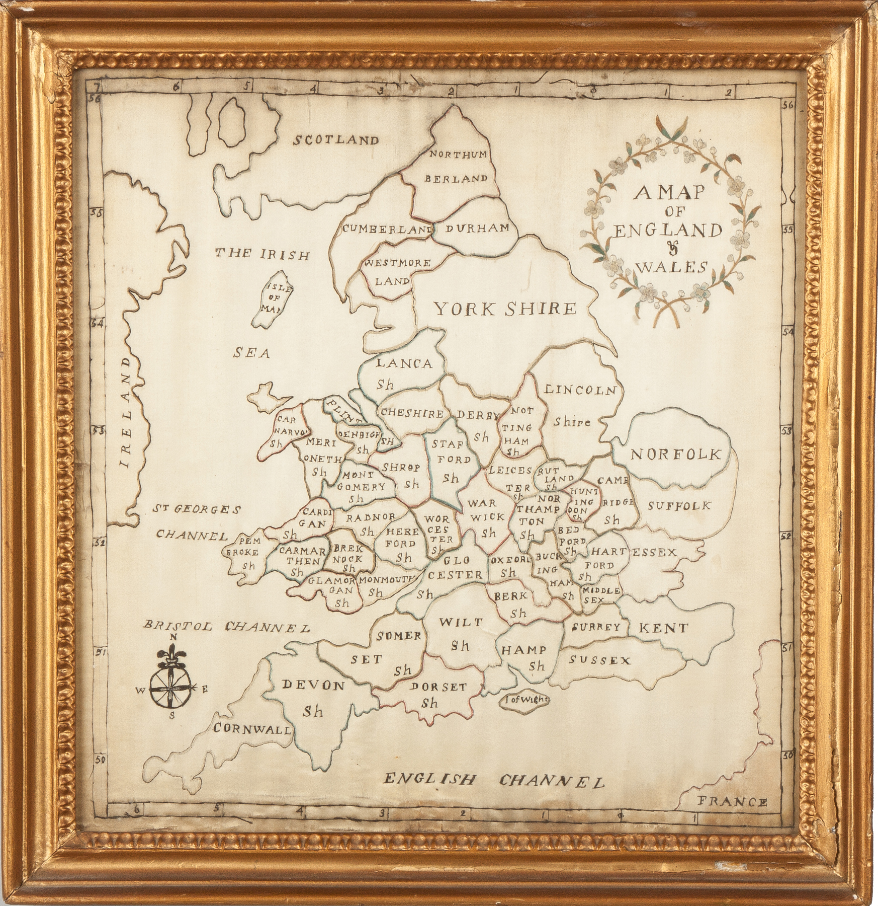 Appraisal: A Map of England Wales Needlework on silk