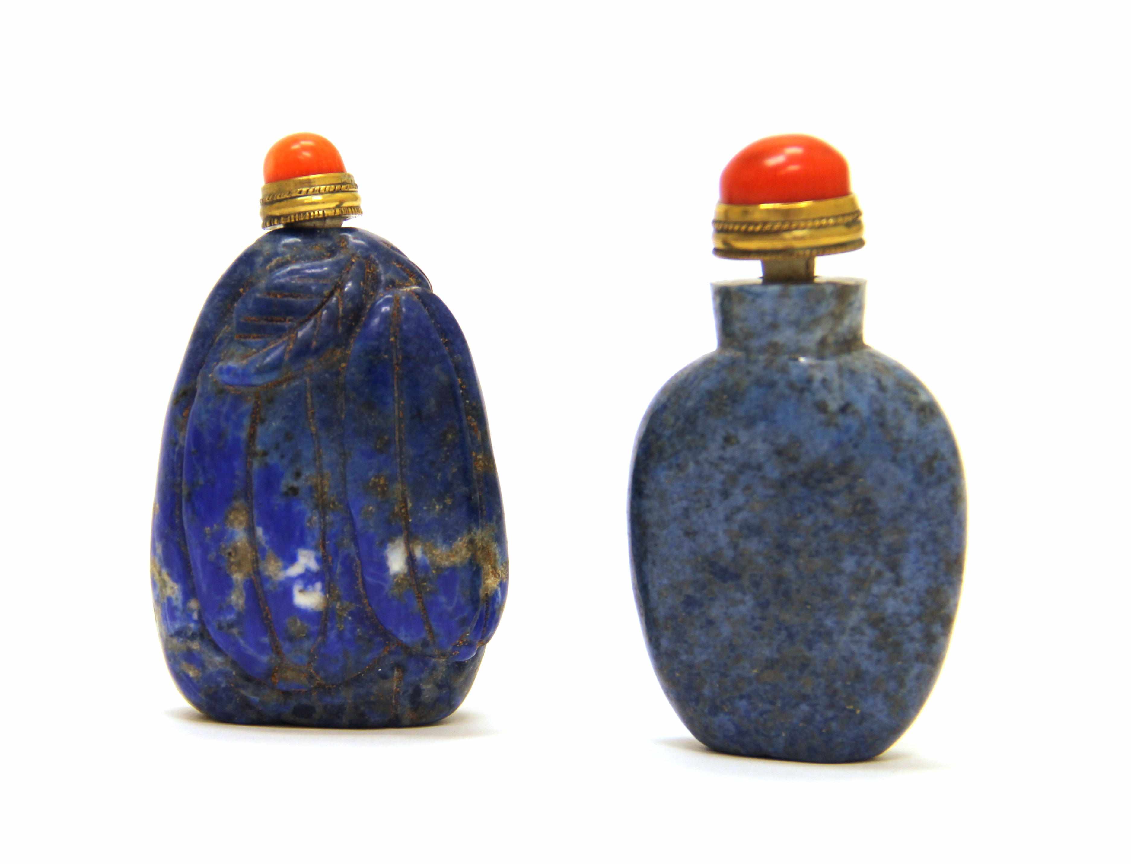 Appraisal: Two lapis lazuli snuff bottles One carved as overlapping gourds