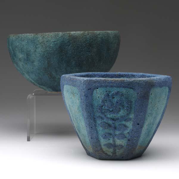 Appraisal: ARTHUR BAGGS Two colored cement bowls in shades of blue