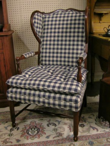 Appraisal: th Century Colonial-style arm chair maple frame with blue amp