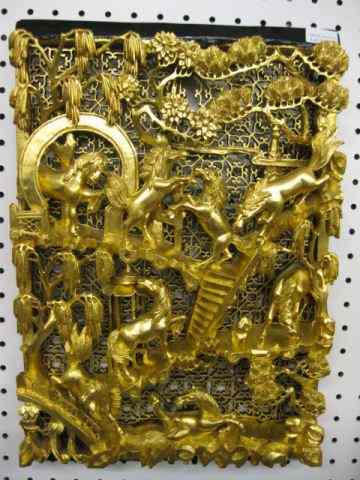 Appraisal: Carved Wooden Chinese Plaque of horses fine gold '' x