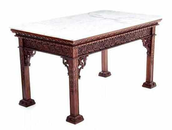 Appraisal: Chippendale style mahogany marbletop table rectangular white marble top with