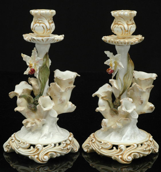 Appraisal: A PAIR OF MOORE BROTHERS PORCELAIN CANDLEHOLDERS Circa Each sconce