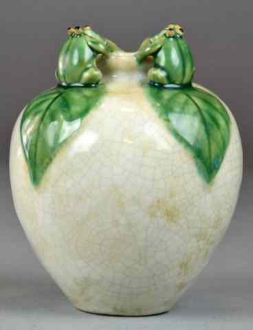 Appraisal: Weller Style Arts Crafts Pottery Vase w FrogsVery nice art