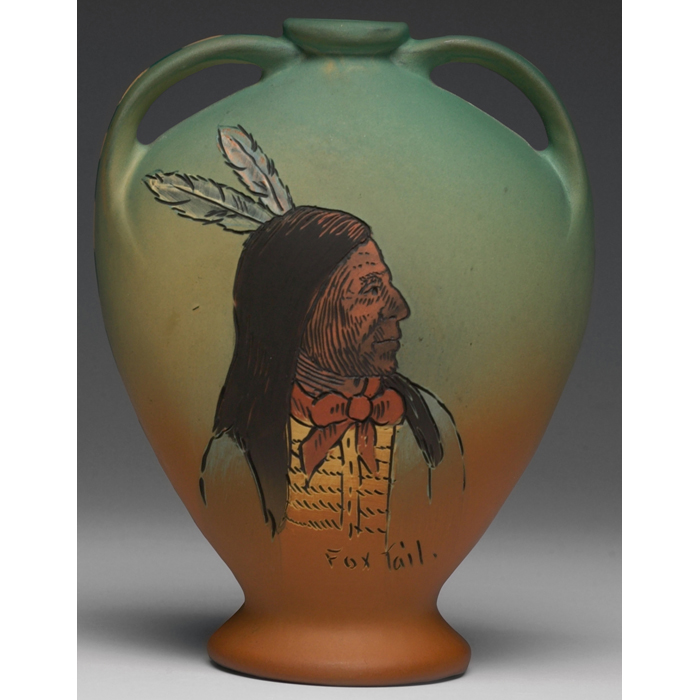 Appraisal: Weller Dickensware vase double handled form with a portrait of