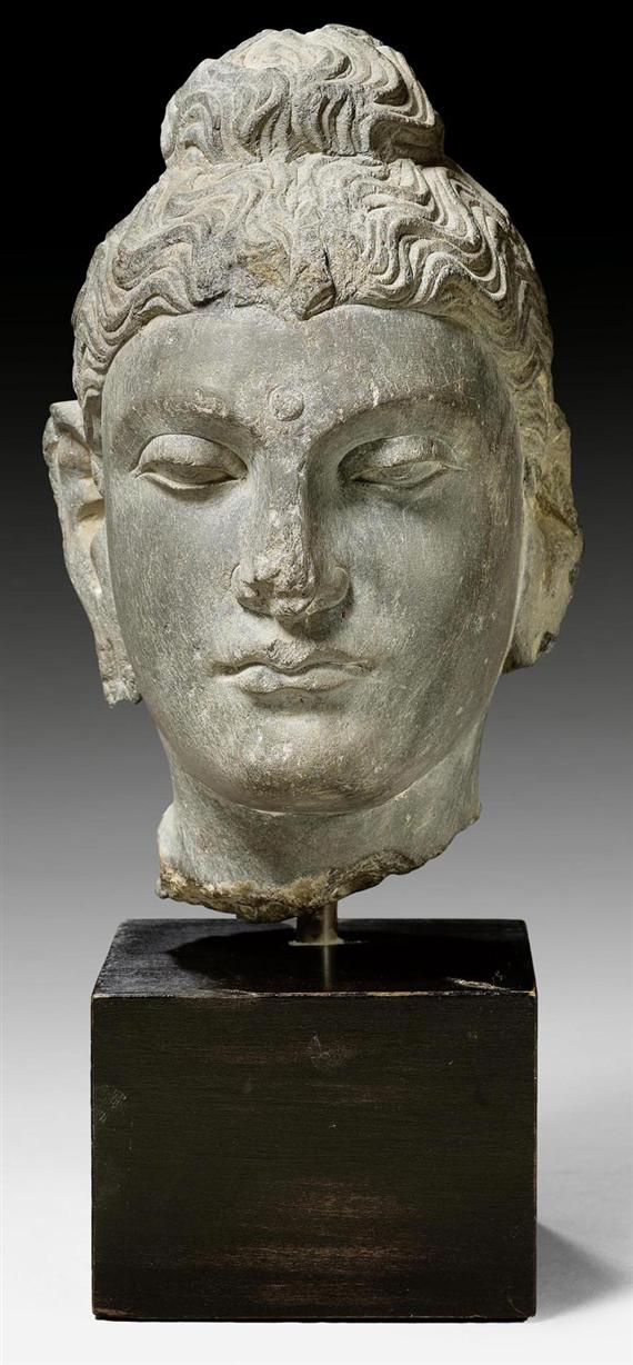 Appraisal: AN EXCELLENT GREY SCHIST HEAD OF BUDDHA Gandhara nd rd