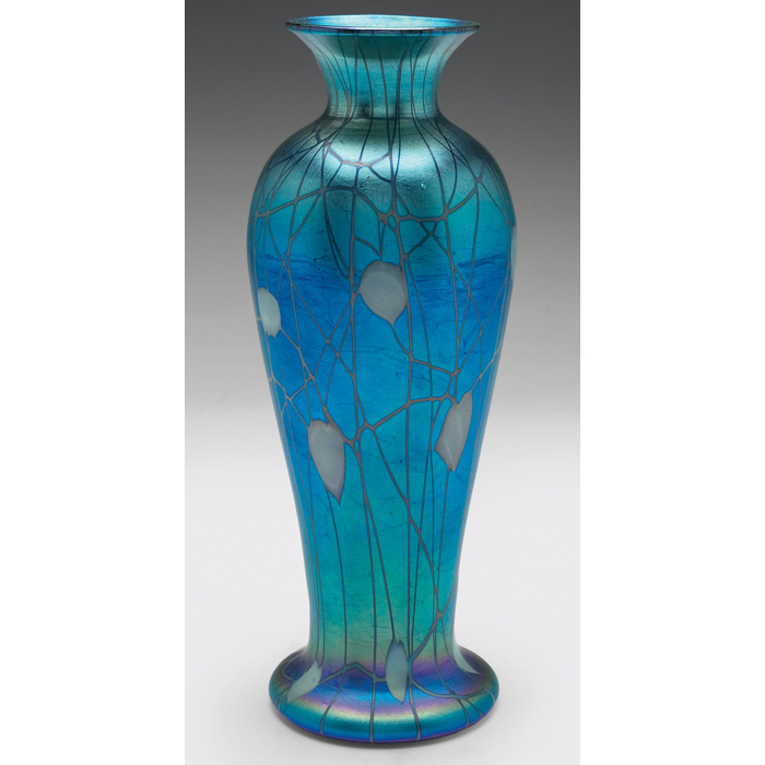 Appraisal: Durand vase attribution blue aurene glass with pulled leaf designs