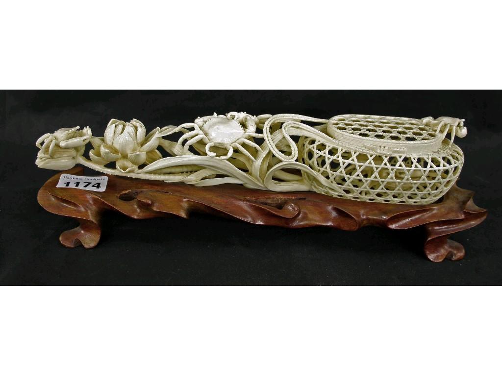 Appraisal: Good Oriental carved ivory crab basket the elaborately pierced carved