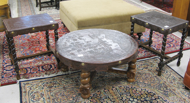 Appraisal: THREE PERUVIAN LEATHER-TOP TABLES The group includes a round coffee