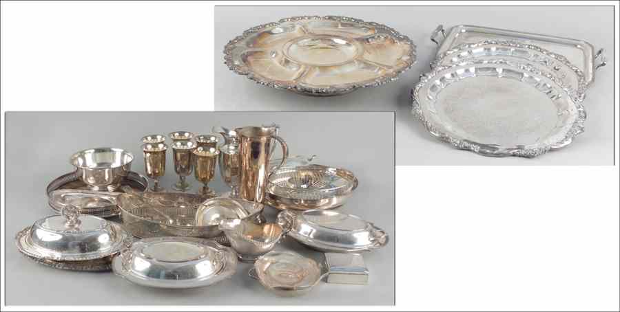 Appraisal: COLLECTION OF ENGLISH AND AMERICAN SILVERPLATE SERVING PIECES Comprising trays