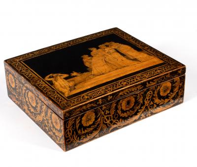 Appraisal: A Regency pen work decorated box the cover depicting a