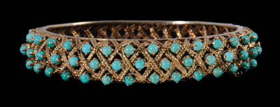 Appraisal: Turquoise bangle bracelet kt yellow gold basket-weave hinged bangle accented