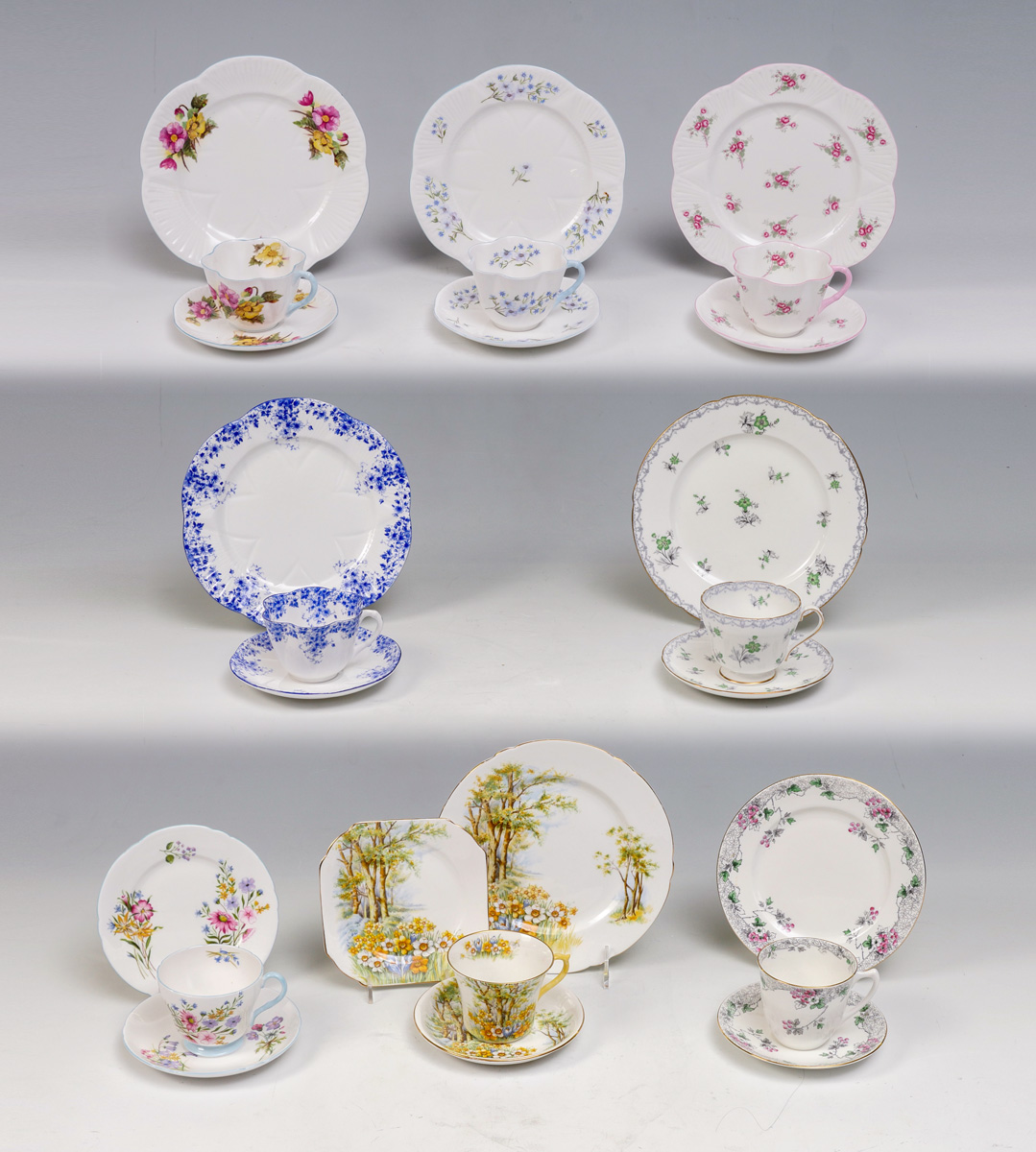 Appraisal: ENGLISH ''SHELLEY'' TEACUPS SAUCER PLATE LOT different patterned English teacups